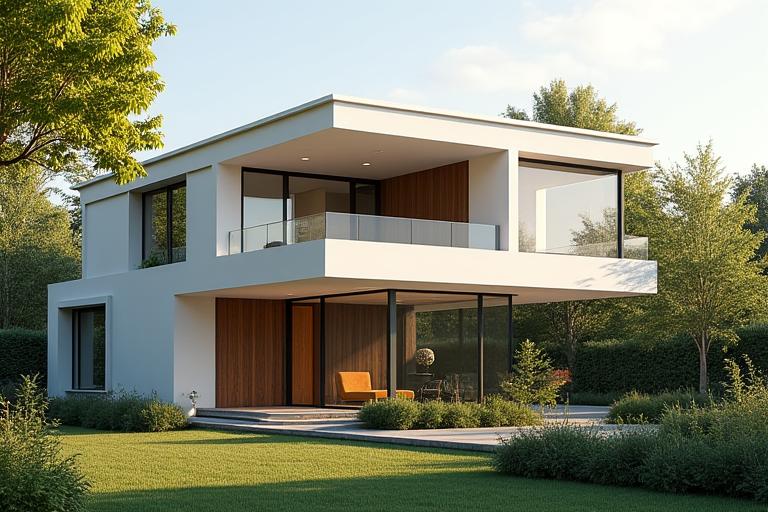Maison moderne rénovée avec des matériaux écologiques dans un cadre verdoyant
