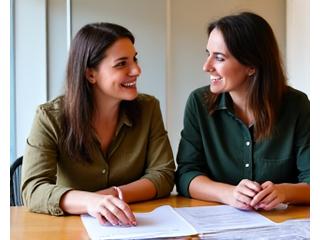 Une personne souriante expliquant des documents à une autre, symbolisant un accompagnement personnalisé.