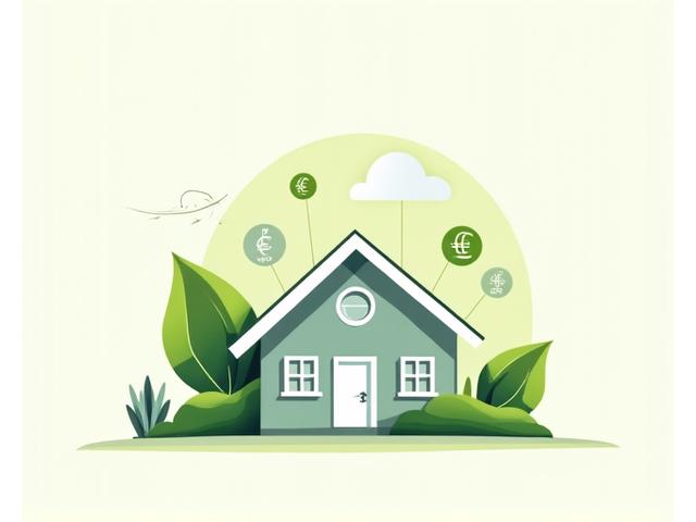 Illustration d'une maison moderne avec des symboles d'argent et d'énergie verte, montrant des économies et des aides.