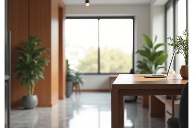 Intérieur de bureau moderne avec des éléments naturels, évoquant la tranquillité et le professionnalisme de Terre Élan Rénovation.