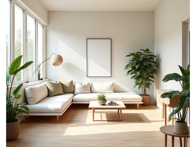 Intérieur de salon moderne et lumineux avec des murs peints avec des peintures naturelles et un parquet en bois clair.