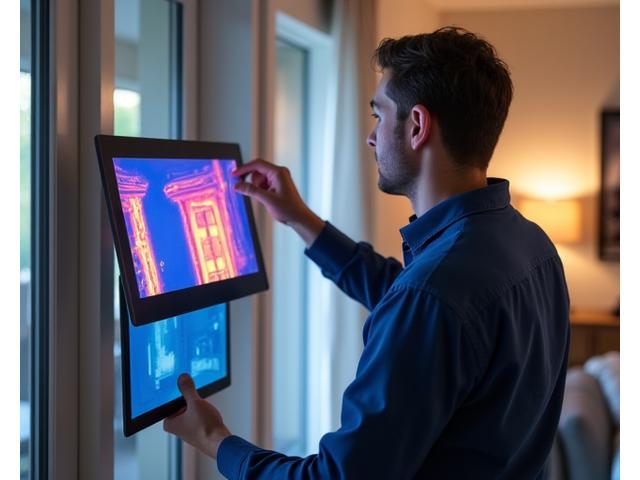 Technicien effectuant un audit énergétique d'une maison avec une tablette thermographique.