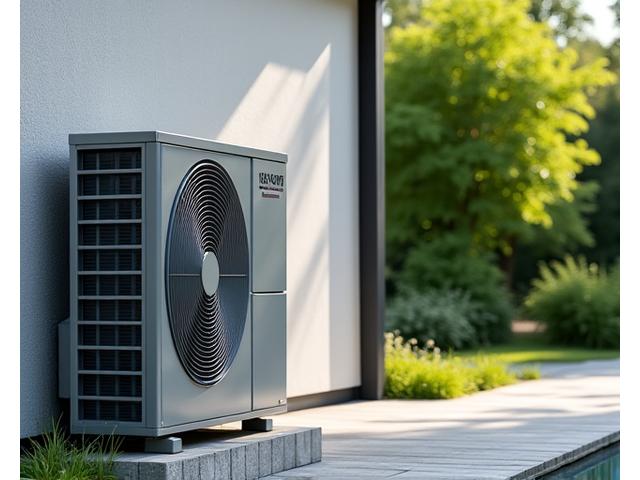 Système de pompe à chaleur air-eau moderne installé à l'extérieur d'une maison, avec un fond de verdure.