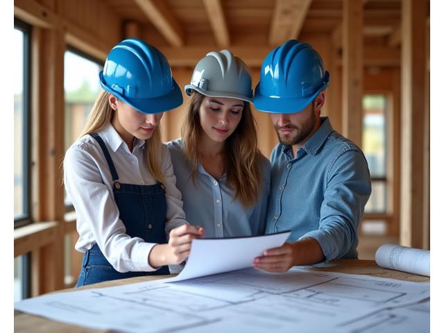 Architecte ou chef de projet discutant avec des clients sur un chantier en construction, consultant des plans.