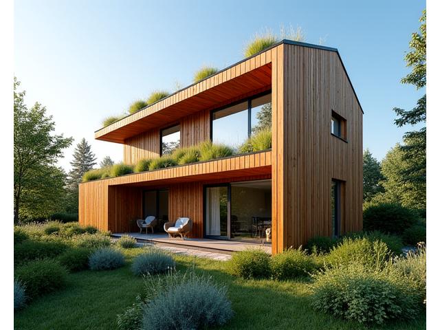 Maison avec une façade rénovée, bardage en bois durable et toit végétalisé, intégrant la nature.